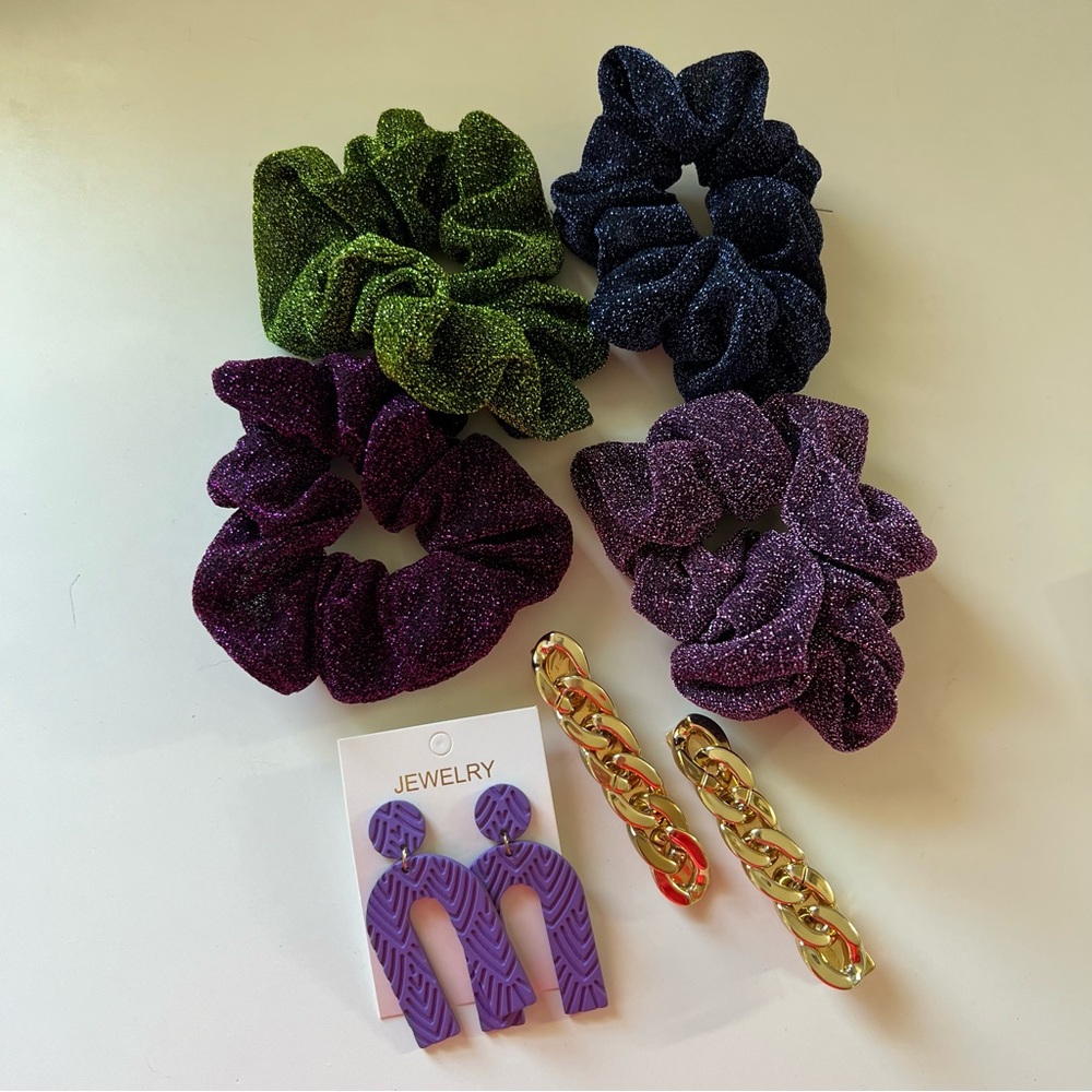 Shimmery Purple Blue Green Scrunchies Gold Clips Purple Earrings